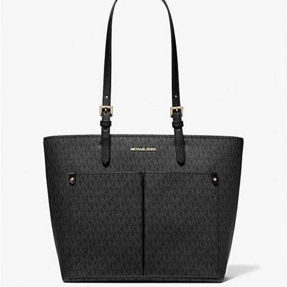 New Michael Kors Jet Set Travel Medium Double Pocket Logo Tote Black - Picture 1 of 5
